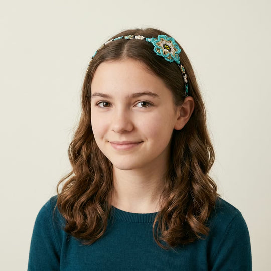Beaded Headband with Flower Turquoise