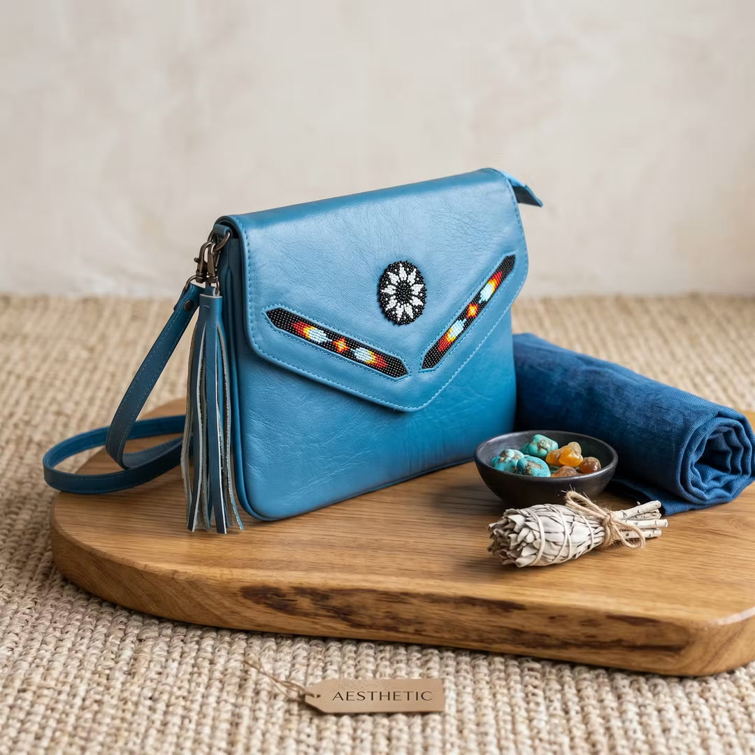 Leather beaded Crossbody bag(Turquoise )