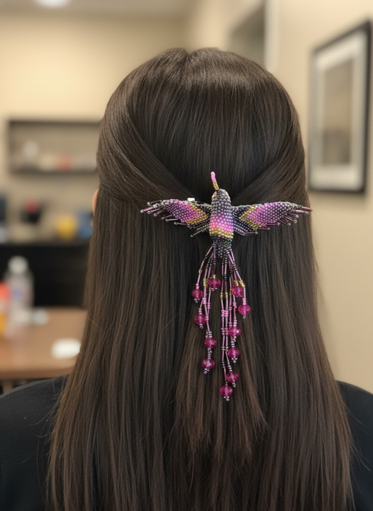 Purple yellow pink Hummingbird Barrette with Fringes