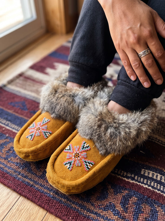 Yellow Moccasins with Beadwork (Size 8)