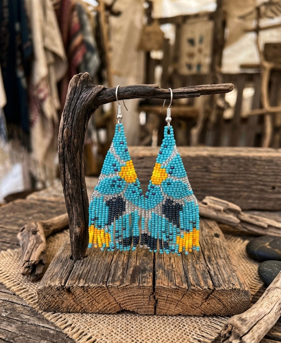 Flower Fringe Beaded Earrings (Turquoise)