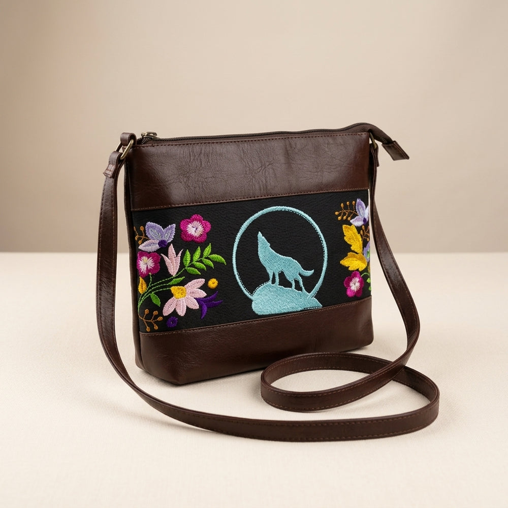 Wolf Embroidered Leather Crossbody Bag