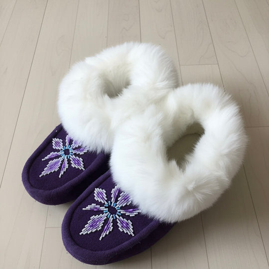 Purple and Green Moccasins with Beadwork (Size 7)