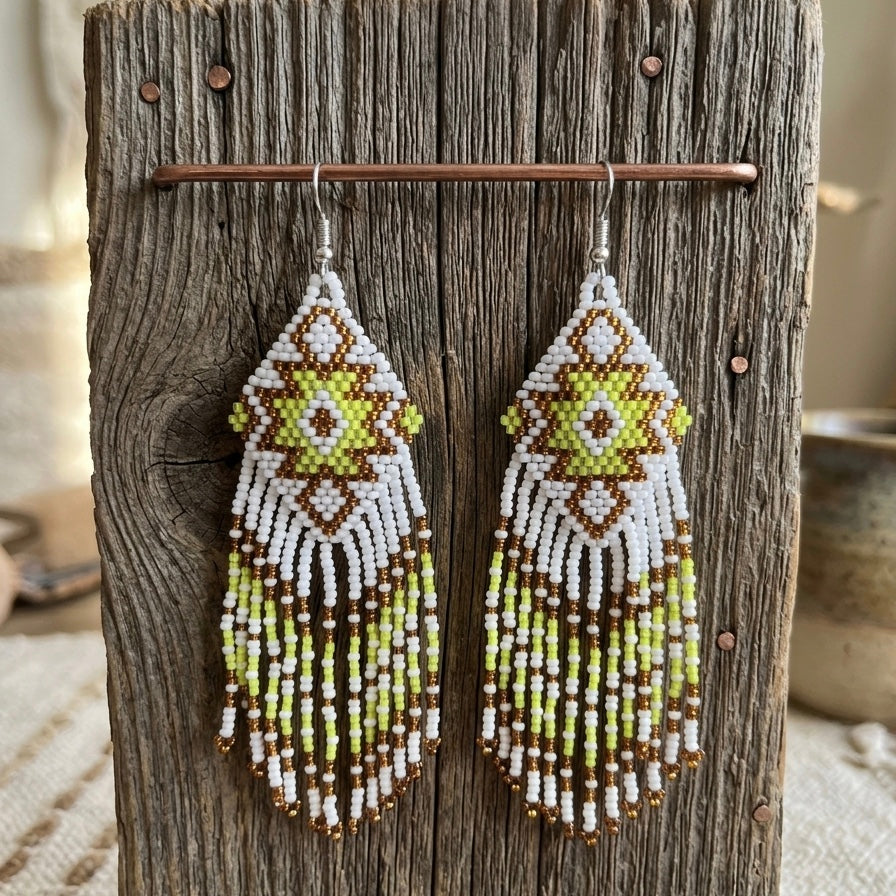 Fringe Bead Drop Earrings (White)