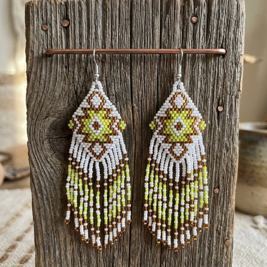 Fringe Bead Drop Earrings (White)