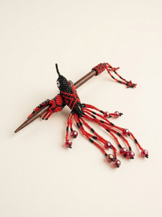 Red &amp; Black Hummingbird Beaded Hair Stick