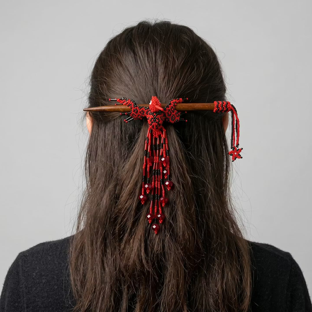Red & Black Hummingbird Beaded Hair Stick