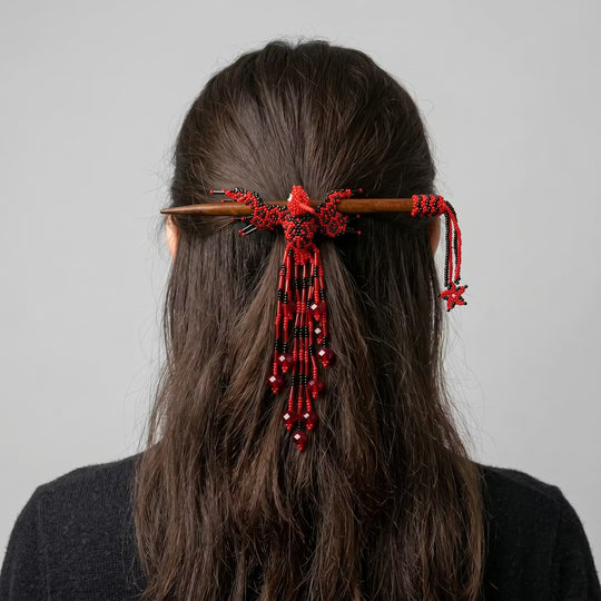 Red & Black Hummingbird Beaded Hair Stick