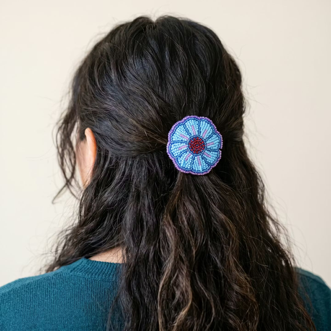 Blue Beaded Flower Barrette