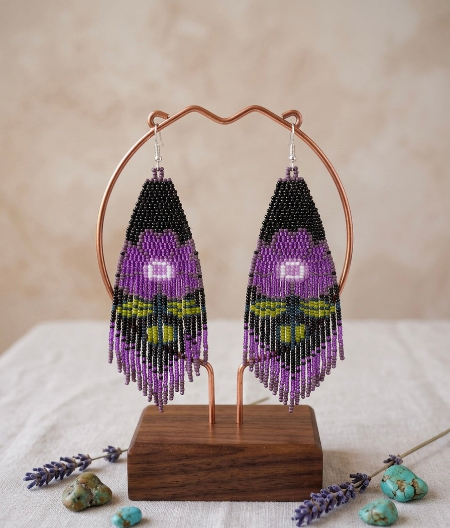 Flower Beaded Earrings ( Purple )