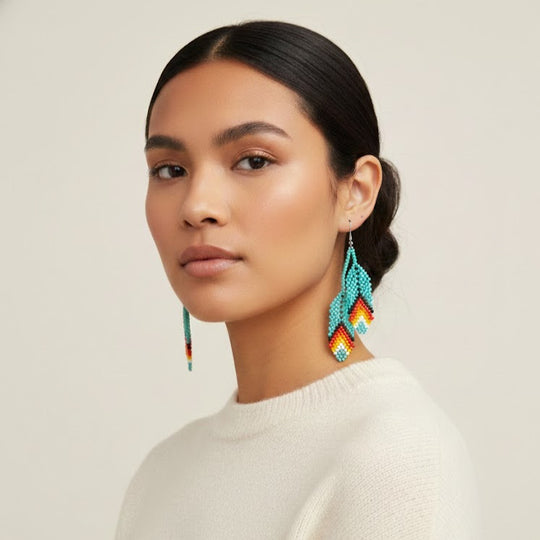 OldTribes™ turquoises Beaded Feather Earrings
