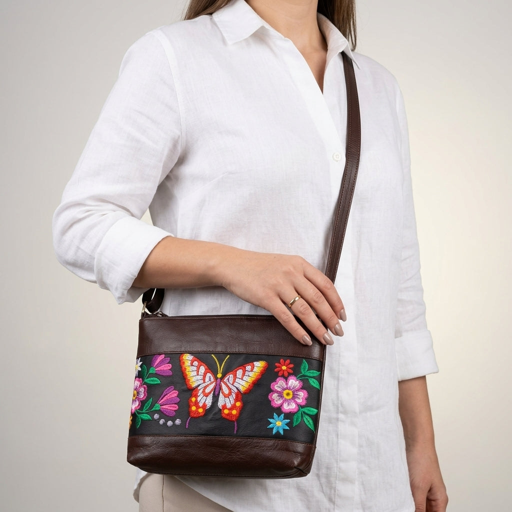 Butterfly Embroidered Leather Crossbody Bag