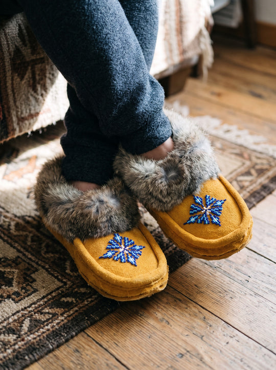 Yellow Moccasins with Beadwork (Size 8)