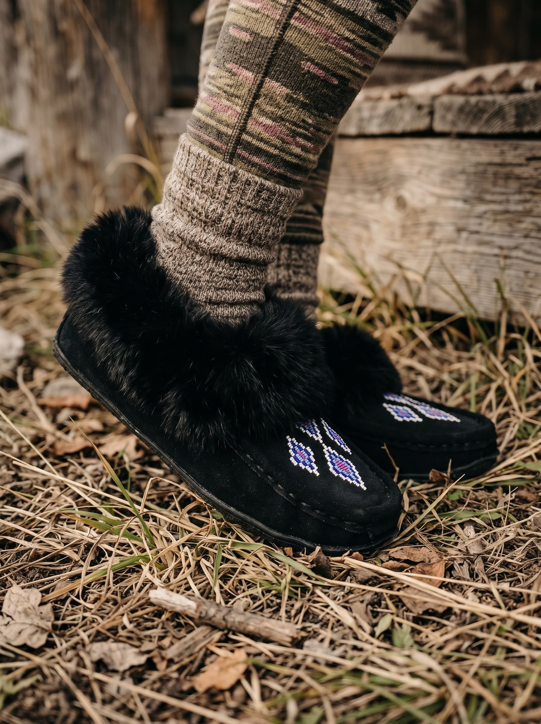 Black Moccasins with Beadwork (Size 7)