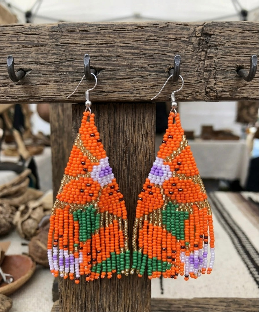 Flower Fringe Beaded Earrings (Orange)