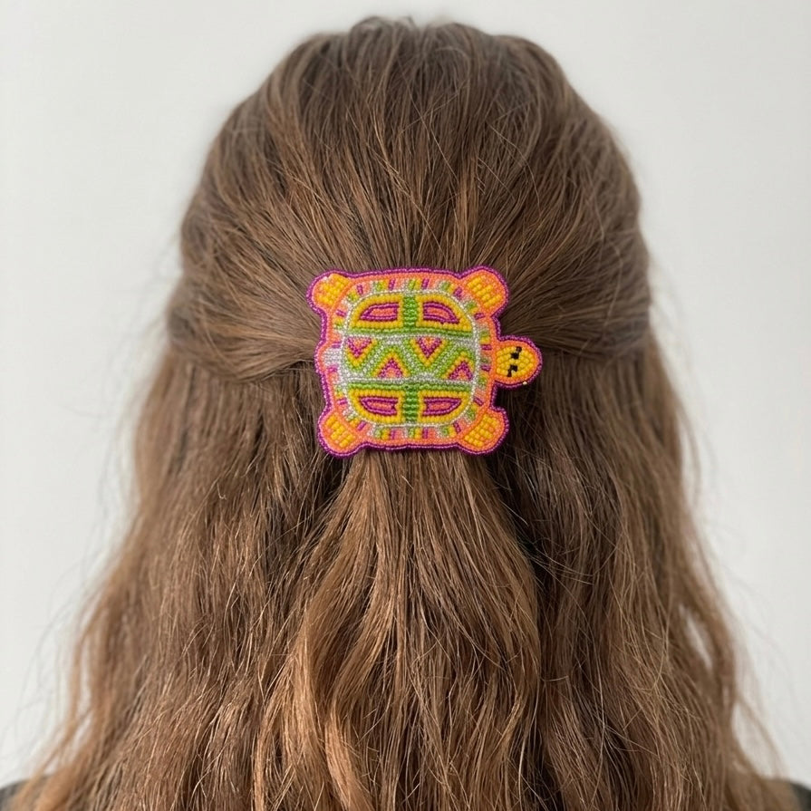 Beaded turtle Barrette Yellow accent