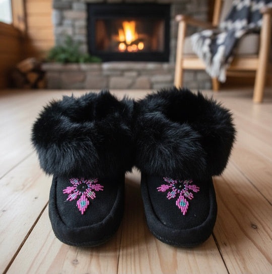 Black Moccasins with Pink Beadwork (Size 7)