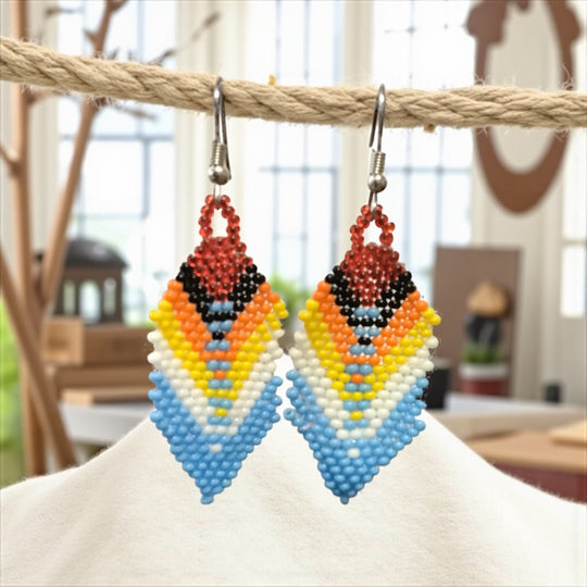 OldTribes™ Red  and light Blue Beaded Feather Drop Earrings