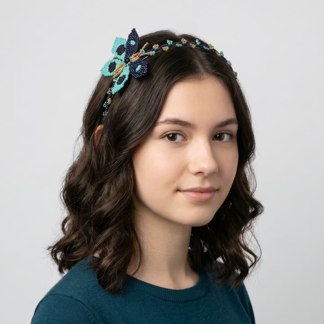 Beaded Headband with Butterfly Turquoise