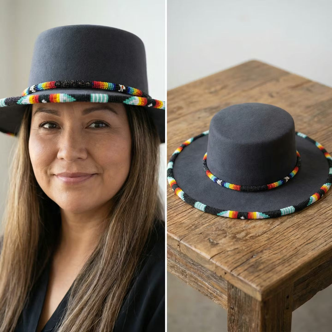 Size-60 Beaded Flat-Brim Felt Hats