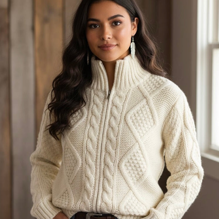 White Cayambe Alpaca Cable Knit Sweater