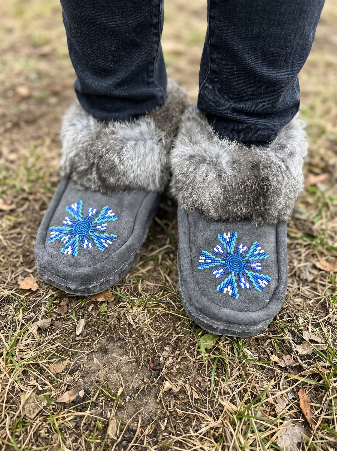 Grey Moccasins with Beadwork (Size 10)