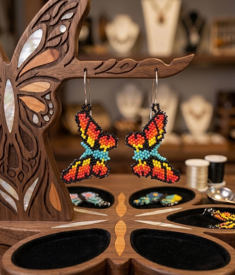 Black / yellow Dancing Butterfly Beaded Earrings