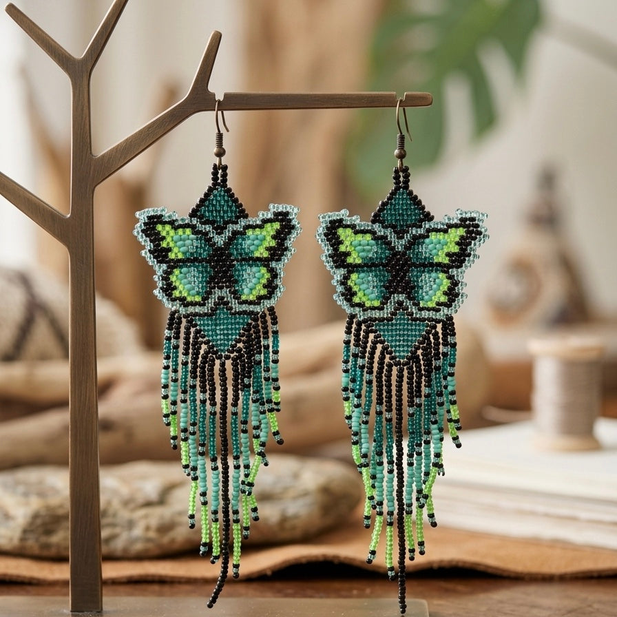 OLDTRIBES Green Beaded Dancing Wing Earrings