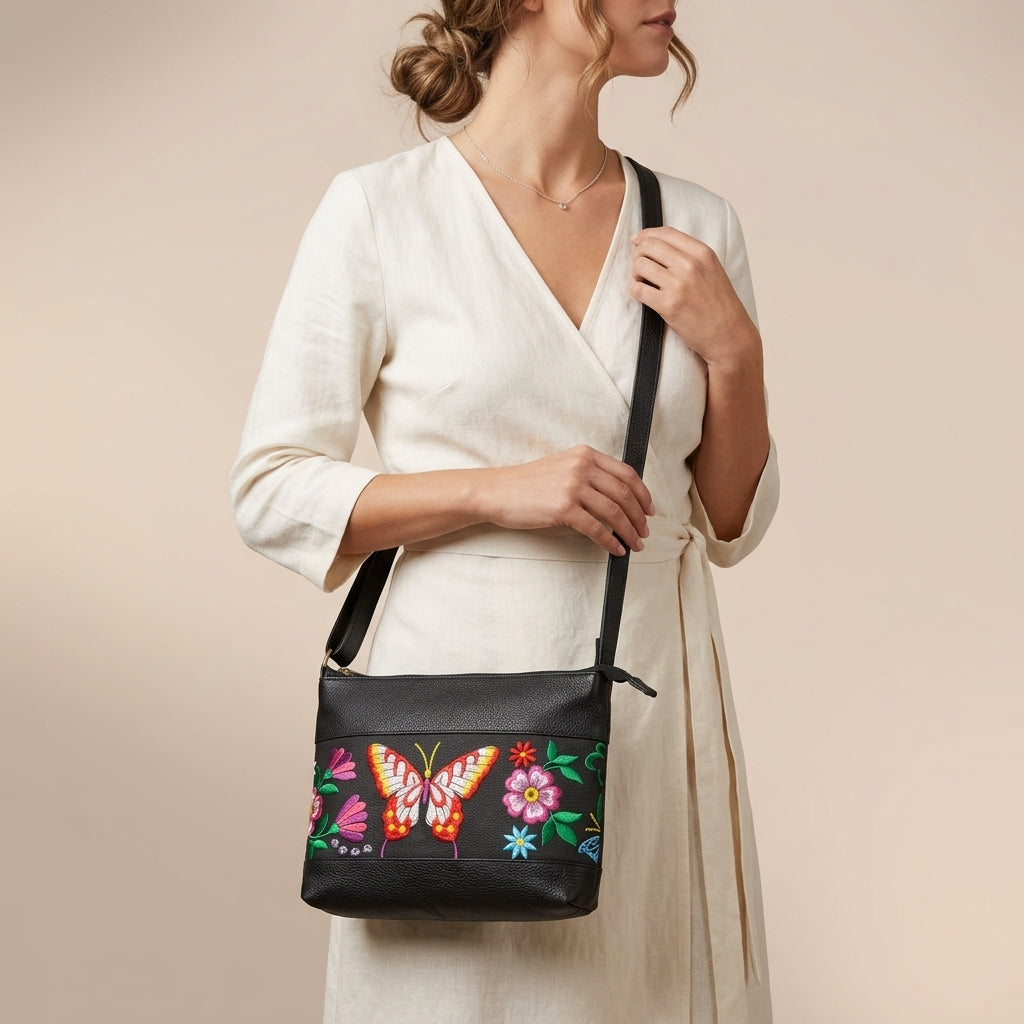 Butterfly Embroidered Leather Crossbody Bag