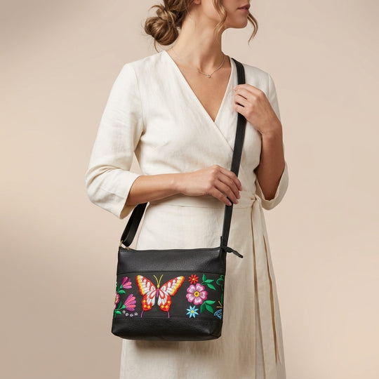 Butterfly Embroidered Leather Crossbody Bag