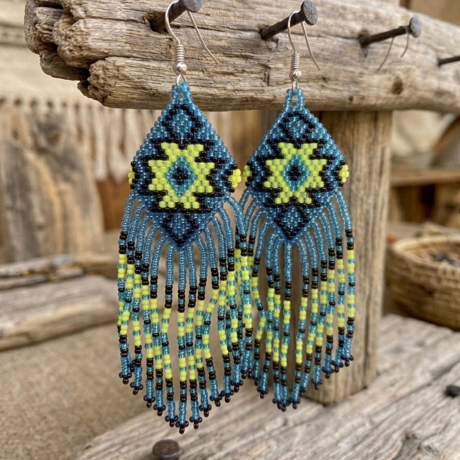 Fringe Bead Drop Earrings (Blue)