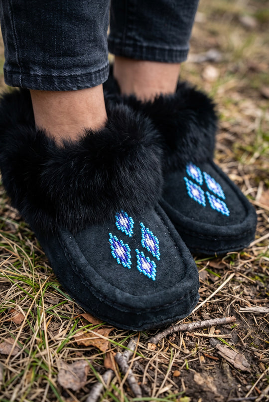 Black Moccasins with Beadwork (Size 8)