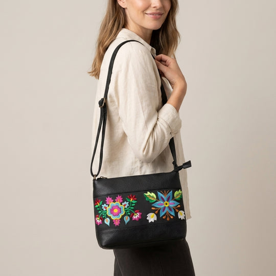Flower Embroidered Leather Crossbody Bag