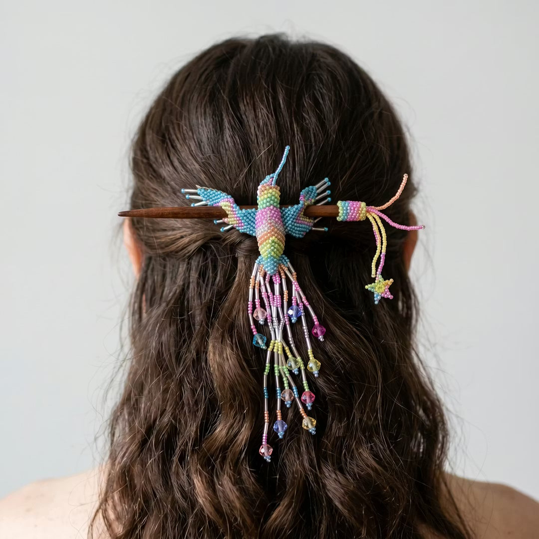 Blue Hummingbird Beaded Hair Stick