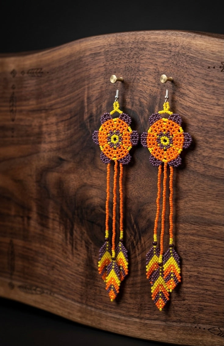 Sun Feather Bloom Beaded Earrings- Orange /yellow/dark purple
