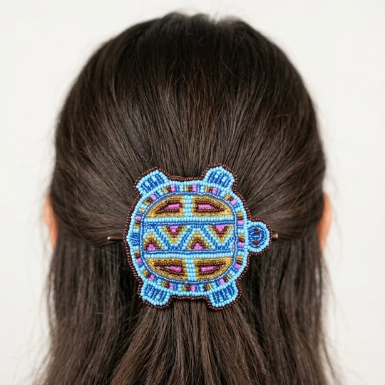 Beaded turtle Barrette Blue accent