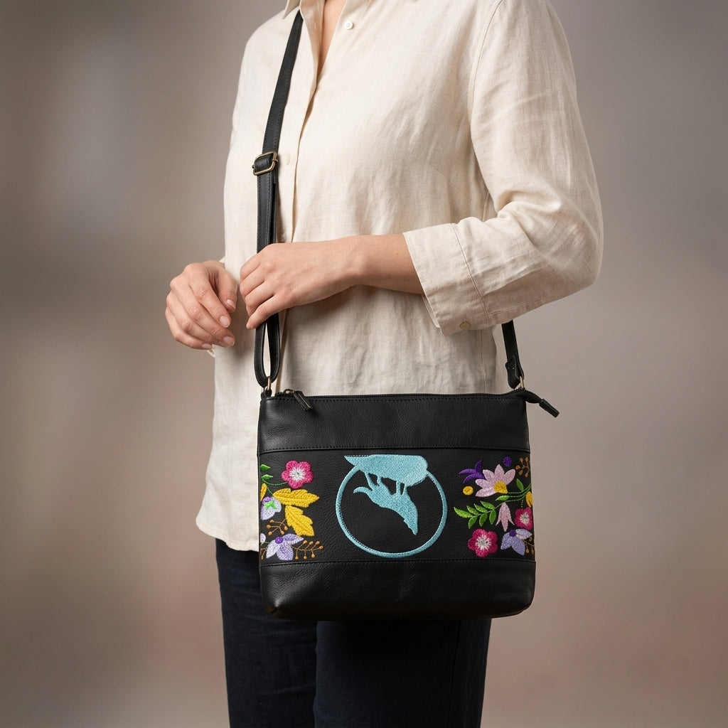 Wolf Embroidered Leather Crossbody Bag