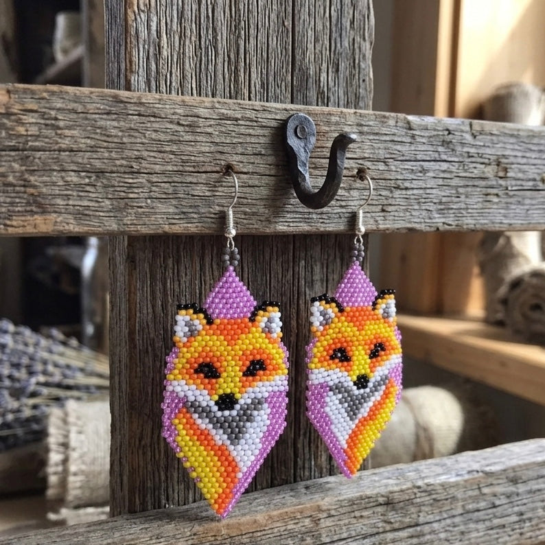 Fox Beaded Earrings (Pink)