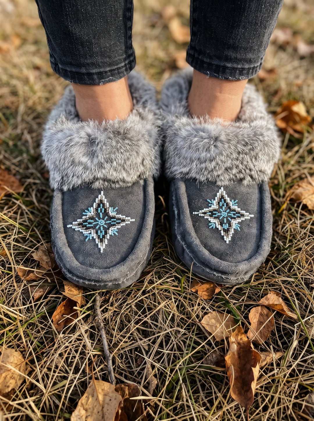Grey Moccasins with Beadwork (Size 10)