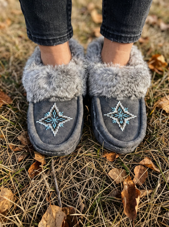 Grey Moccasins with Beadwork (Size 10)