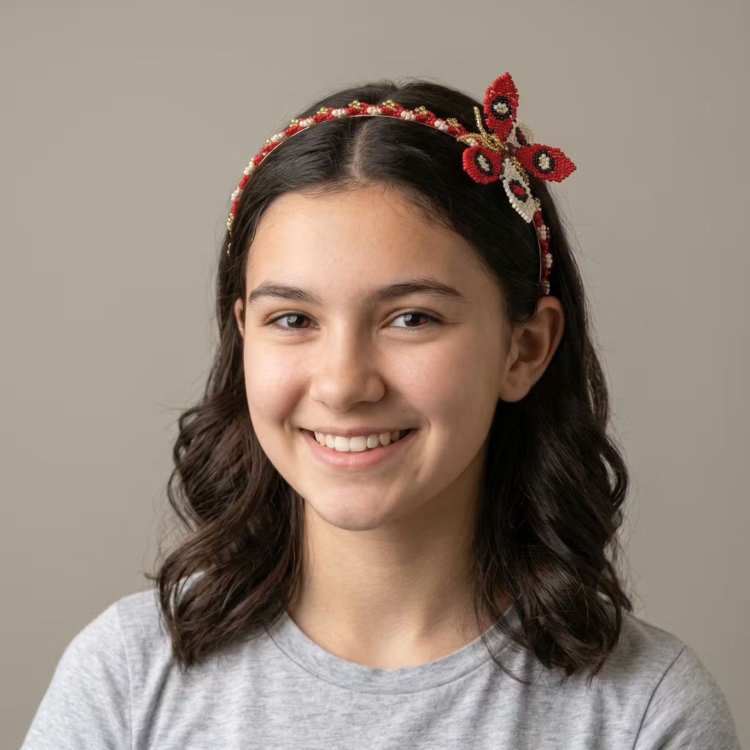 Beaded Headband with Butterfly Red