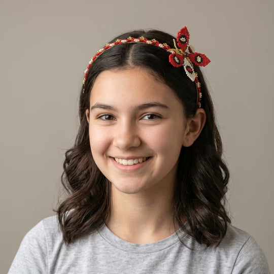 Beaded Headband with Butterfly Red