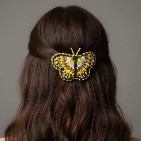 Yellow and White Butterfly Beaded Barrette