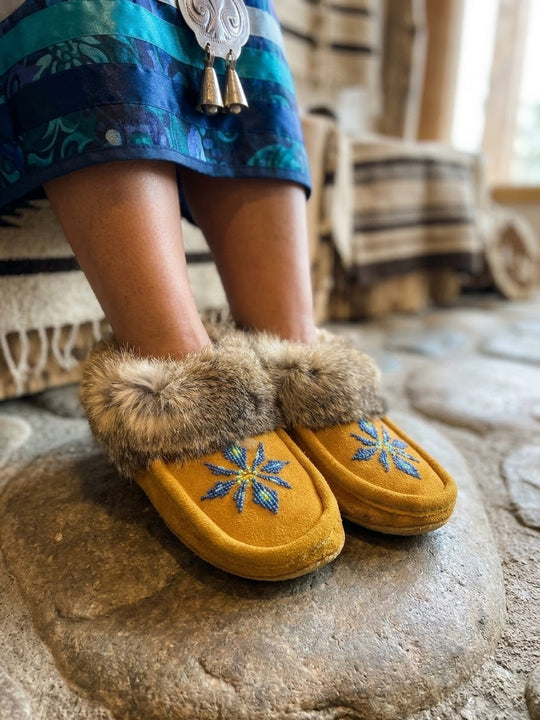 Yellow Moccasins with Beadwork (Size 7)