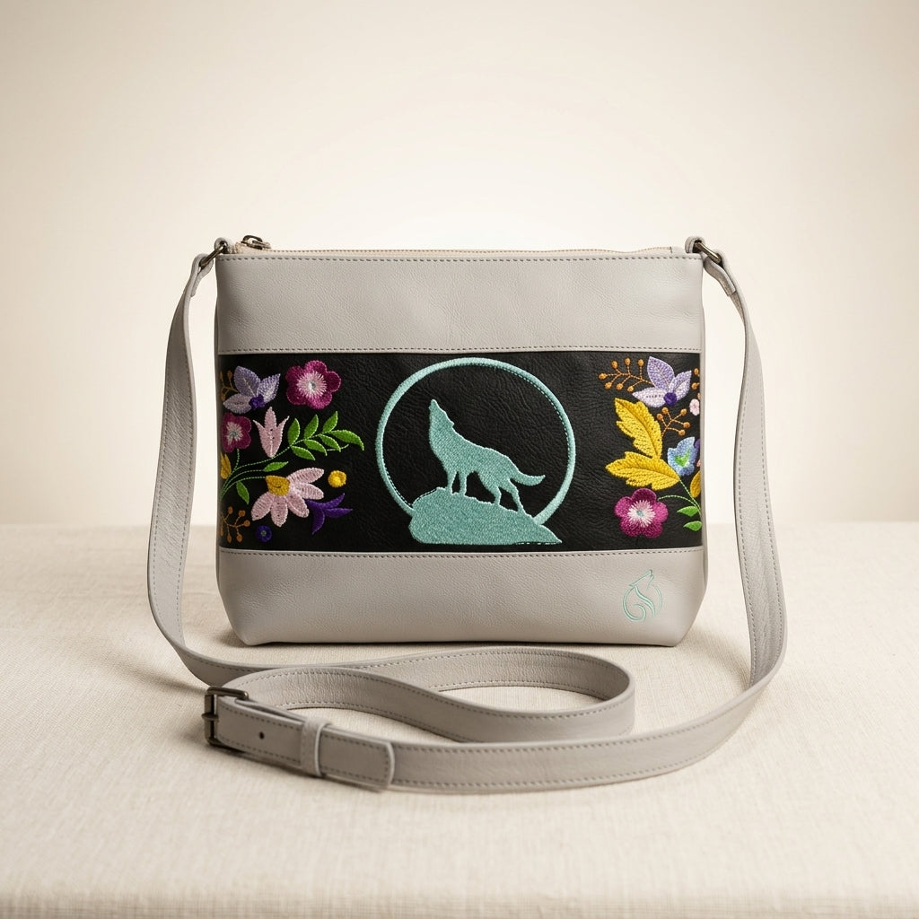 Wolf Embroidered Leather Crossbody Bag