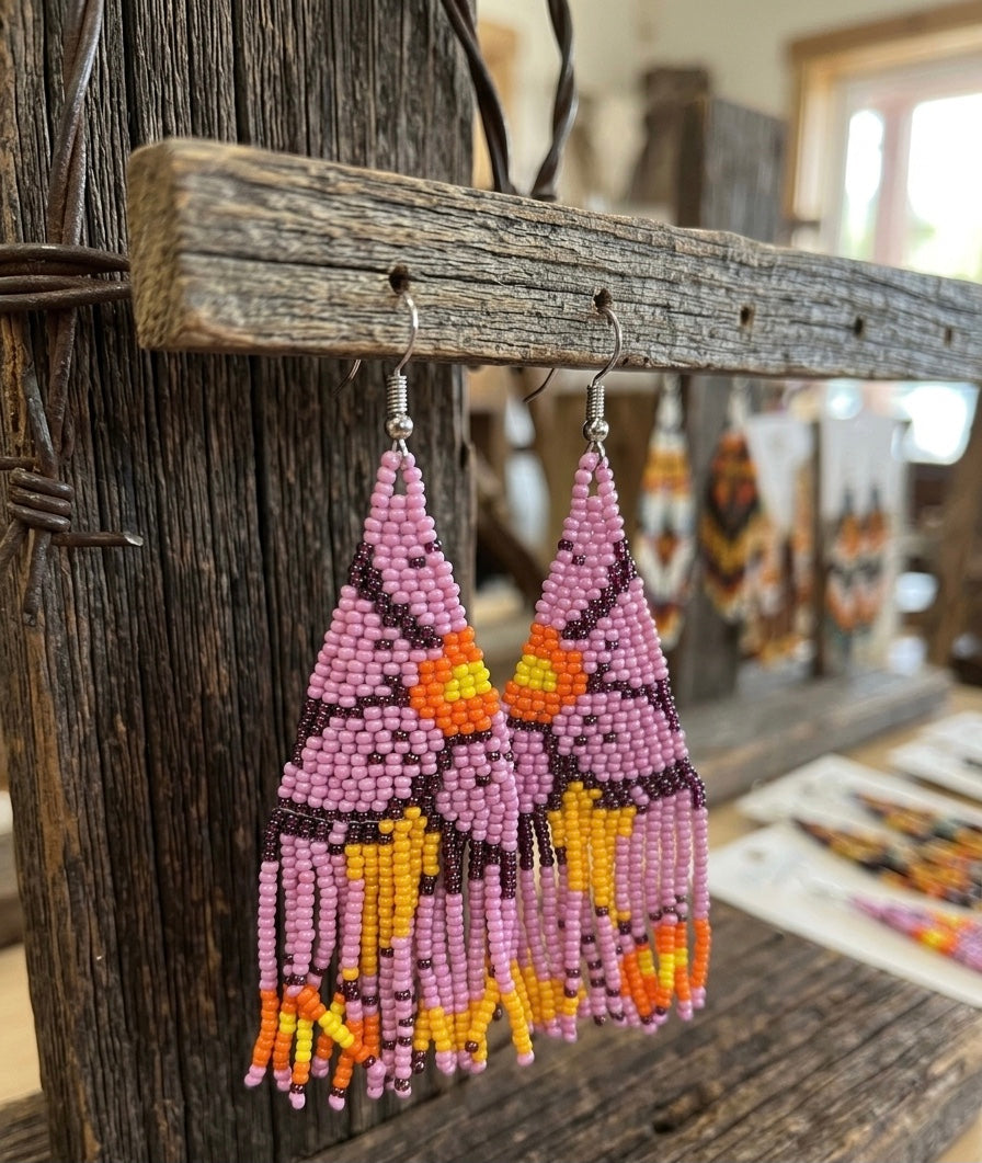 Flower Fringe Beaded Earrings (Purple)