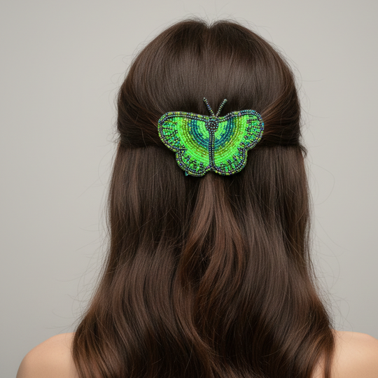 Blue and Green Butterfly Beaded Barrette