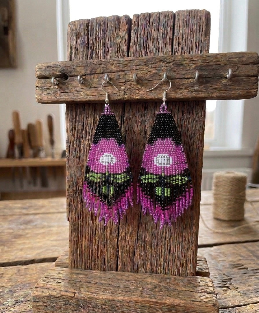 Flower Beaded Earrings ( Pink )