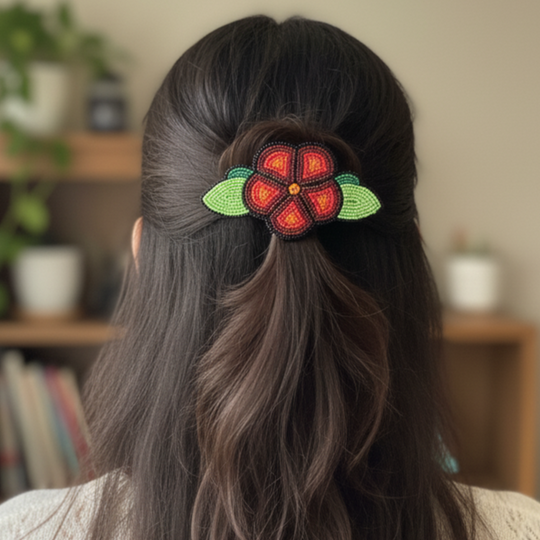 Brown and Red Beaded Flower Barrette