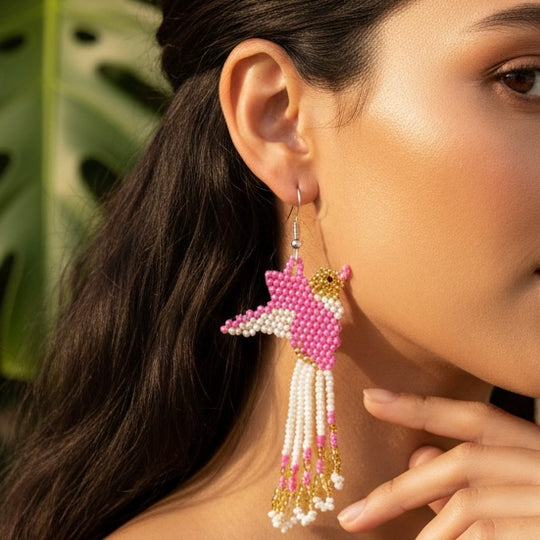 Handmade Beaded Hummingbird Earrings – Pink /white